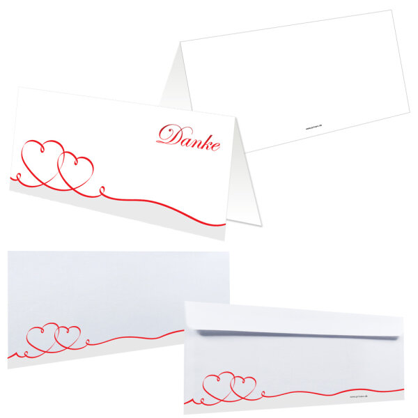 PRICARO Dankeskarten mit Briefumschlägen Geschwungene Herzen, Rot, je 25 Stück