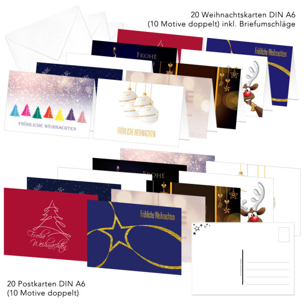 PRICARO Weihnachtskarten mit Briefumschlägen und Postkarten Motive 2, A6, 40 Stück