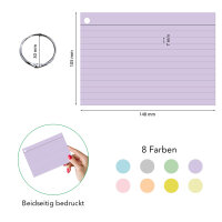 PRICARO Karteikarten, liniert, A6, gelocht inkl. Metallringe, 8 Farben, 400 Stück