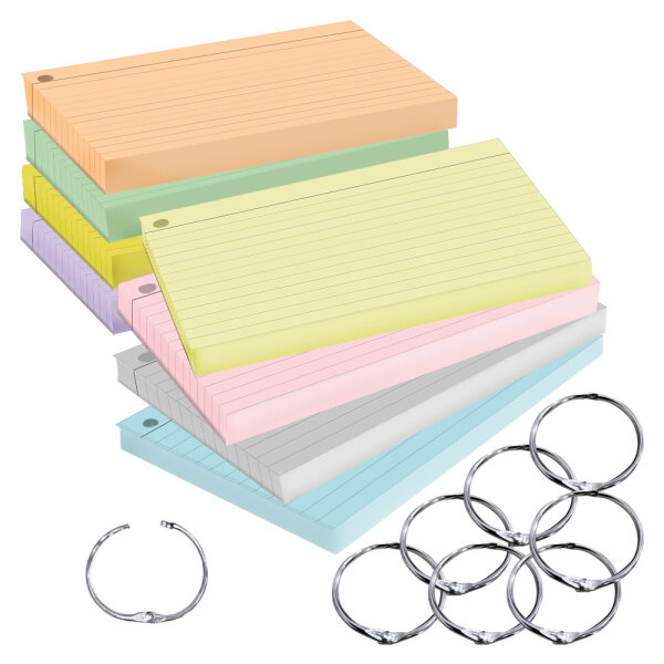 PRICARO Karteikarten, liniert, gelocht inkl. Metallringe, 8 Farben, 400 Stück